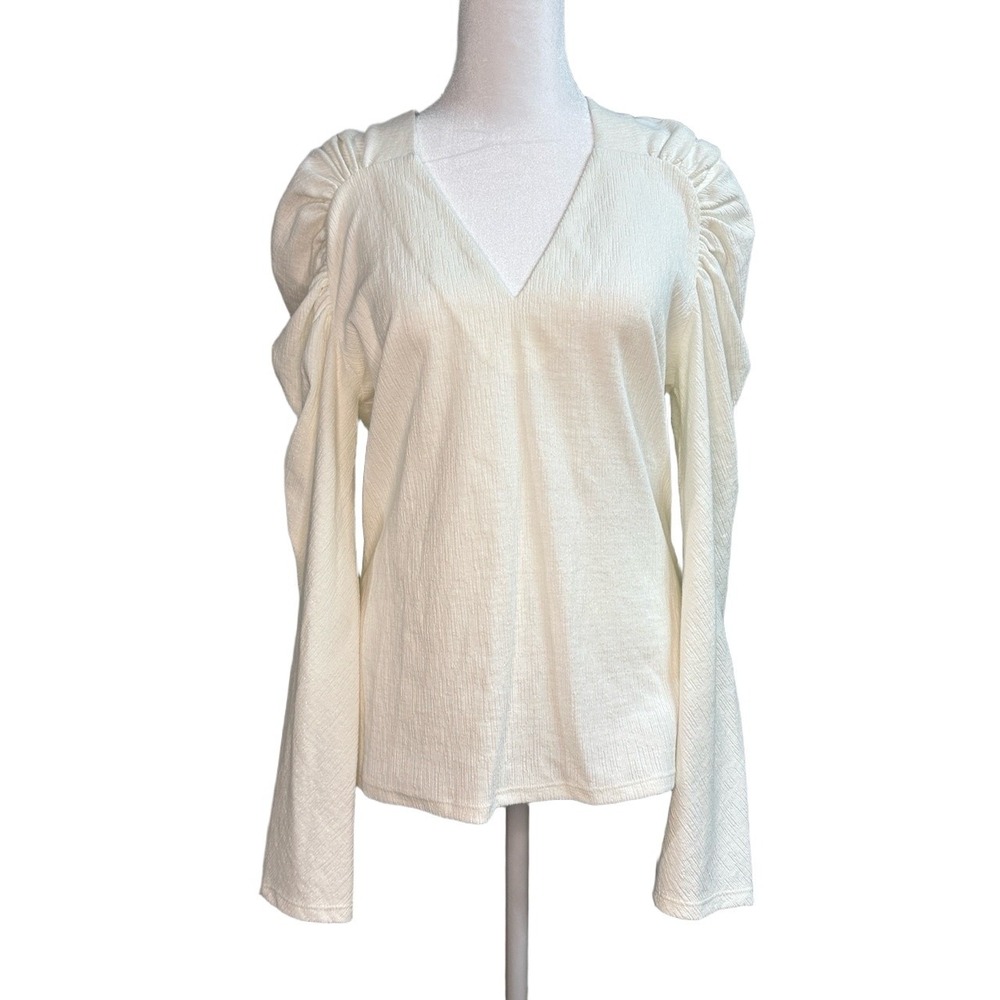 Rebecca Taylor Cream Puff Sleeve V-Neck Textured Knit Top Large‎ Ivory Blouse - Picture 2 of 7